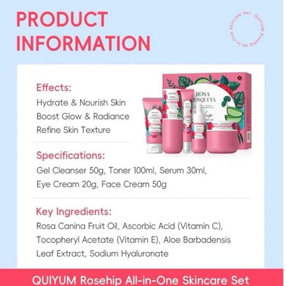 Quiyum Rosa Mosqueta 5pc Skincare Set Rosehip + Vitamin E Kit NEW/NIB - Picture 4 of 10